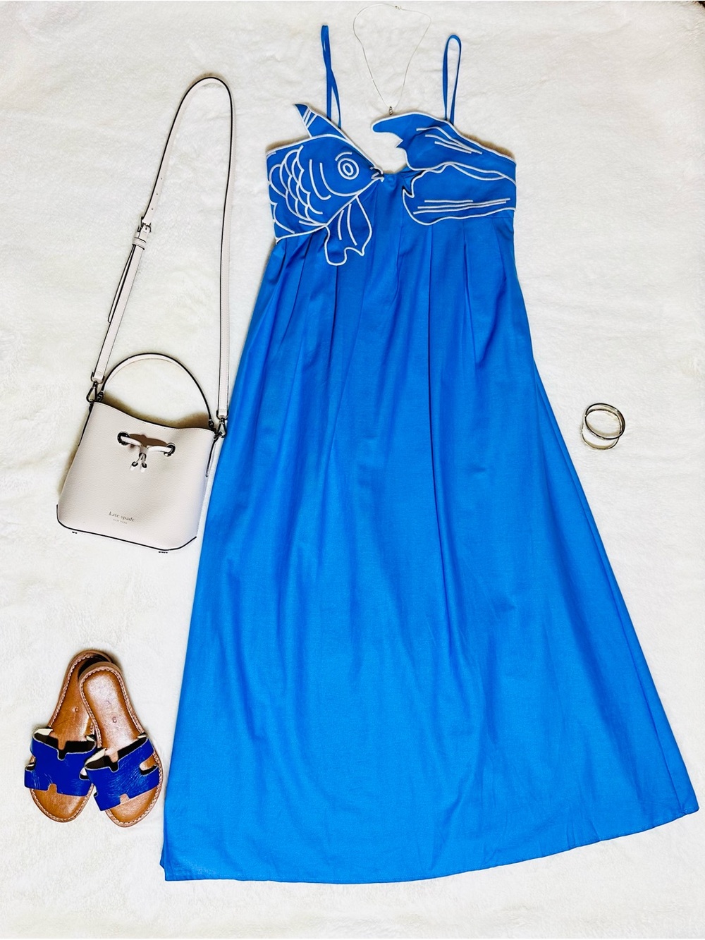 Blue Spaghetti-Strap Maxi Dress with White Piping Accent Fish